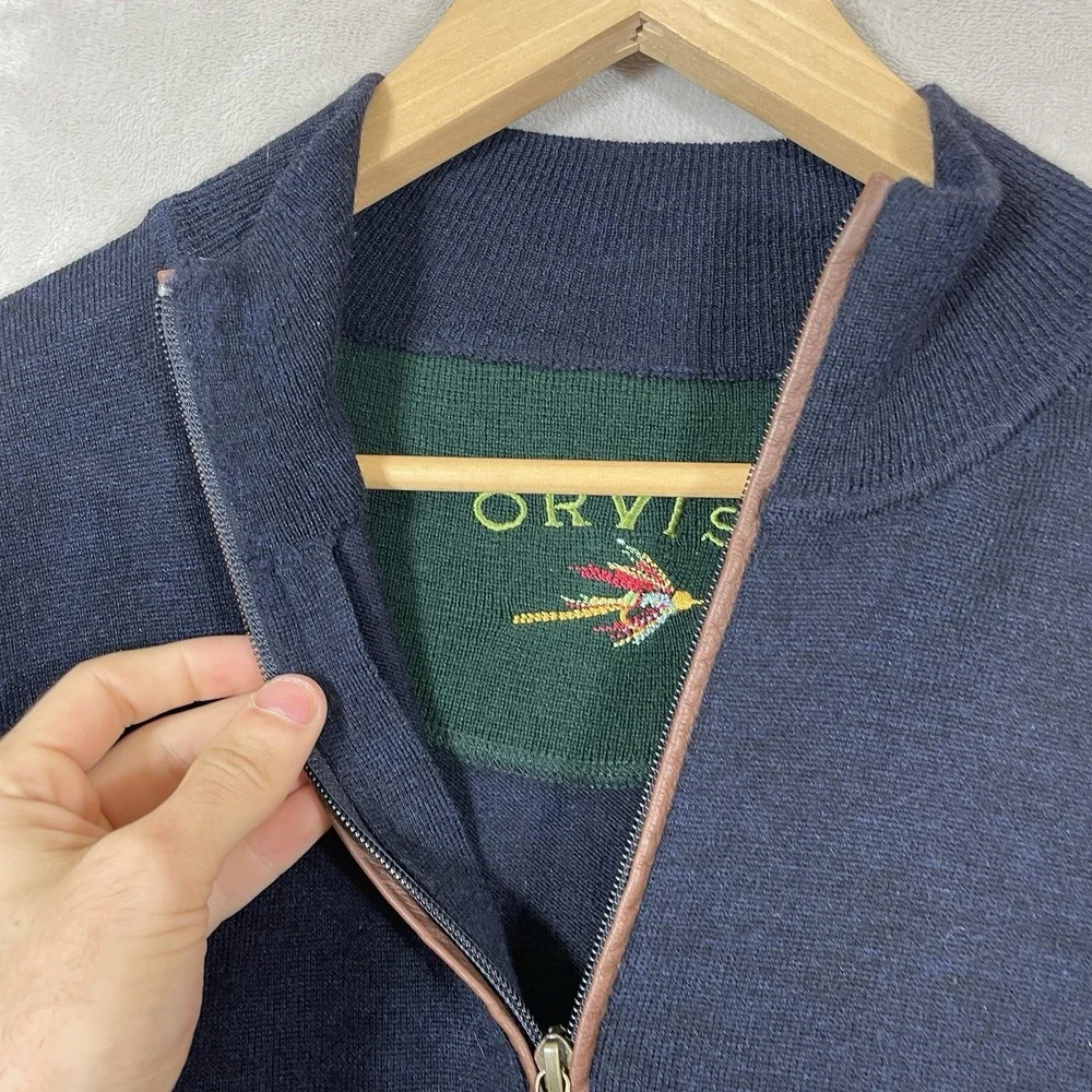Orvis Men's XXL Navy Blue Merino Wool 1/4 Zip Mock Neck Sweater Knit